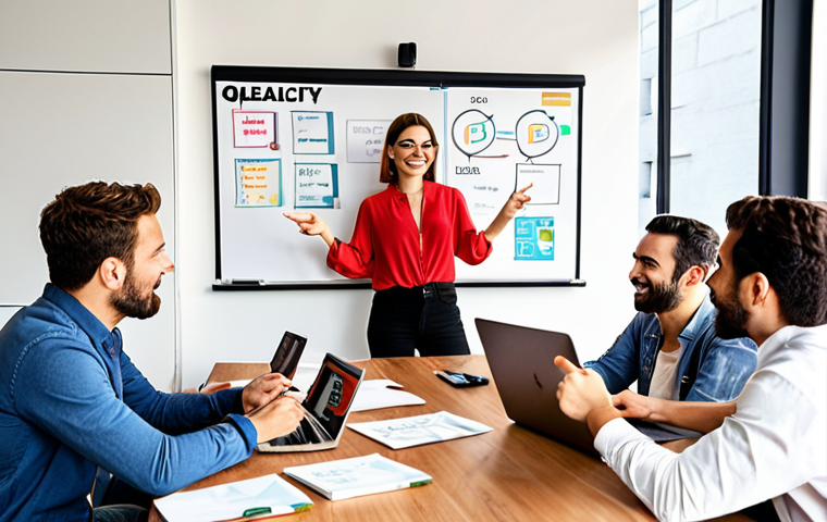 **

A diverse group of people from different countries are collaborating on a marketing campaign in a modern, open-plan office. One person is pointing at a whiteboard covered with notes in Portuguese, English, and Spanish. Laptops, smartphones, and coffee cups are scattered around the table. The atmosphere is energetic and creative, emphasizing teamwork and global communication. Focus on visual diversity and a collaborative spirit. Style: Modern, bright, and slightly stylized to convey a positive, aspirational feeling.

**