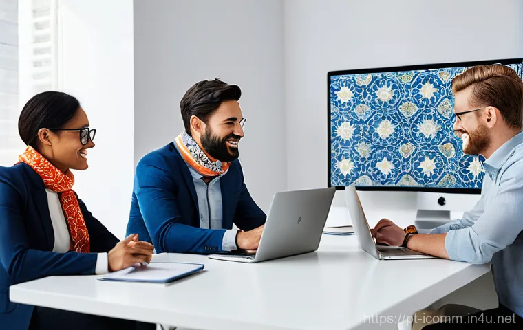 국제커뮤니케이션 소프트웨어 툴 - **Prompt:** A diverse group of young professionals, including a woman with a chic scarf featuring a ...