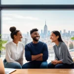 국제커뮤니케이션 분야의 도전과제 - **Prompt 1: Global Virtual Collaboration**
    A vibrant, high-angle shot of five diverse young prof...