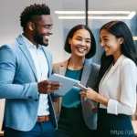 국제커뮤니케이션 자격 시험 준비 과정 - **Prompt:** "A diverse group of three young professionals (two women, one man, various ethnicities, ...