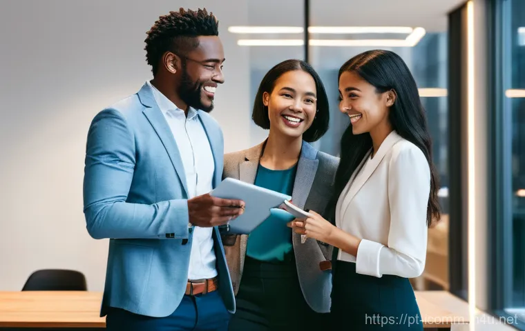 국제커뮤니케이션 자격 시험 준비 과정 - **Prompt:** "A diverse group of three young professionals (two women, one man, various ethnicities, ...