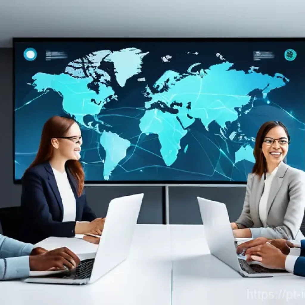 국제커뮤니케이션 분야 취업 전망 - A dynamic and visually engaging illustration of a diverse team of young professionals from various g...