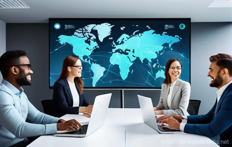 국제커뮤니케이션 분야 취업 전망 - A dynamic and visually engaging illustration of a diverse team of young professionals from various g...