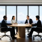 국제커뮤니케이션 전문가 되기 위한 준비물 - **Prompt:** A diverse group of four professionals from different global backgrounds, including a wom...