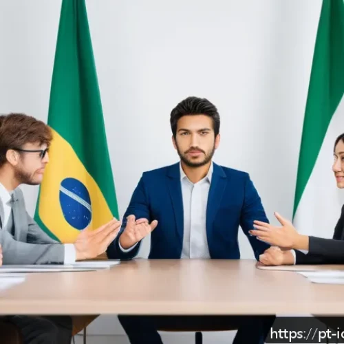 Home 13 국제커뮤니케이션 커뮤니케이션 스킬 - A professional multicultural business meeting scene showing diverse participants from Brazil, German...