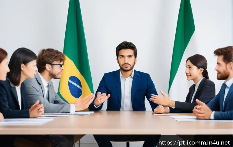 국제커뮤니케이션 커뮤니케이션 스킬 - A professional multicultural business meeting scene showing diverse participants from Brazil, German...