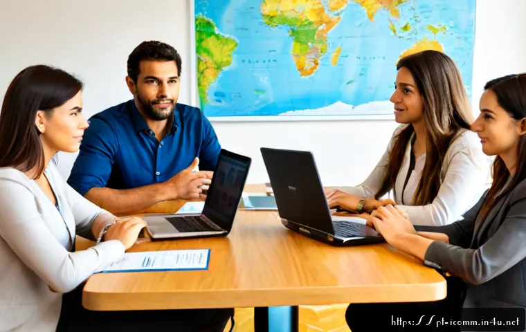 Home 30 국제커뮤니케이션 업무 개선 방법 - Photorealistic international business communication workshop in a bright Lisbon office, diverse Port...